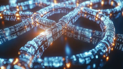 Poster - Close-up view of blockchain digital elements in a circular pattern, with glowing nodes and interconnected data points.