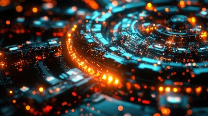 Poster - Close-up view of blockchain digital elements in a circular pattern, with glowing nodes and interconnected data points.