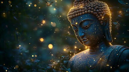 Poster - Mystical Buddha Statue in Enchanted Garden with Glowing Fireflies Under Moonlight : Generative AI