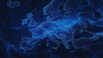 Poster - Dark blue data patterns emerging over Europe, representing global data flow analysis and digital transformation across the continent.