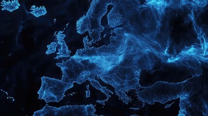 Poster - Dark blue data patterns emerging over Europe, representing global data flow analysis and digital transformation across the continent.