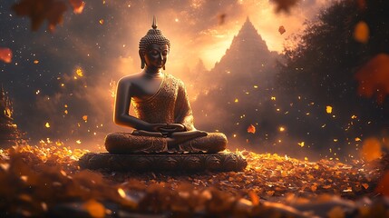 Aufkleber - Enlightened Buddha Beside Ancient Pyramid in Mystical Autumn Setting : Generative AI