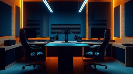 Poster - Contemporary studio office with dual screens and professional recording microphones : Generative AI