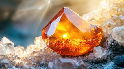 Poster - Glimmering orange amber gemstone with natural crystal formations around it, showcasing its vibrant color and light reflections.