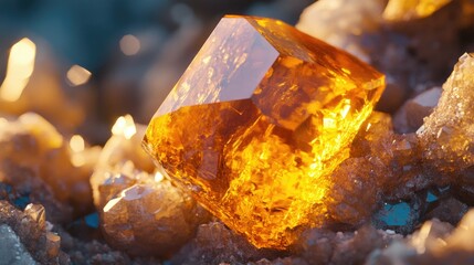 Poster - Glimmering orange amber gemstone with natural crystal formations around it, showcasing its vibrant color and light reflections.