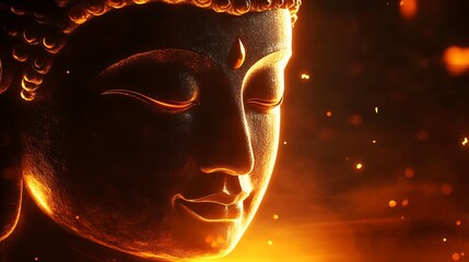 Poster - Serene Buddha Statue Portrait Illuminated by Warm Glowing Embers in Darkness : Generative AI