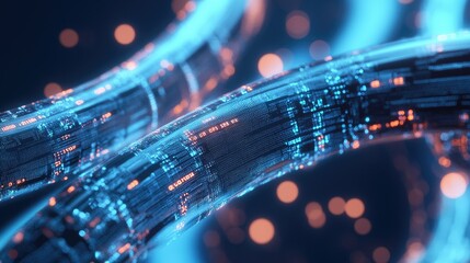 Fototapete - Glowing blue data cables connecting at high speed, representing fast, efficient network communication in a tech environment.