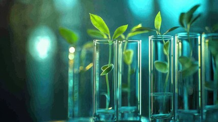 Poster - Growing seedlings in test tubes in a laboratory, showcasing the early stages of plant development under controlled conditions.