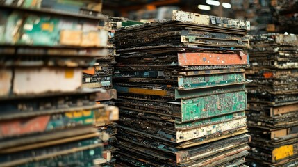 Poster - High angle view of printed circuit boards stacked, ready for recycling to reduce e-waste and preserve valuable components.