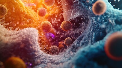Poster - High-detail visual of human cells, showcasing their individual parts under a microscope for research purposes.