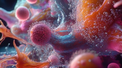 Poster - High-detail visual of human cells, showcasing their individual parts under a microscope for research purposes.