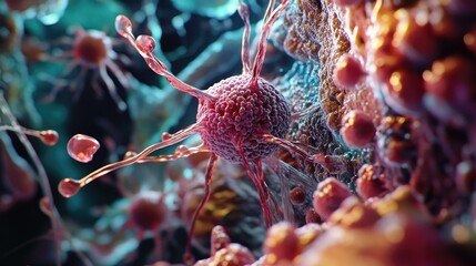 Poster - High-detail visual of human cells, showcasing their individual parts under a microscope for research purposes.