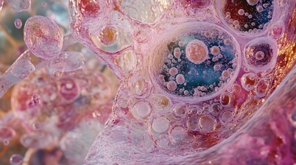 Poster - High-detail visual of human cells, showcasing their individual parts under a microscope for research purposes.