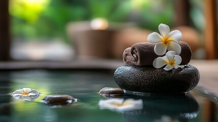Poster - Serene Spa Retreat with Zen Stones and Plumeria Flower at Tranquil Water Poolside : Generative AI