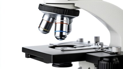 Poster - Macro shot of a microscope lens focusing on a slide, demonstrating the close examination of biological samples.