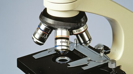 Poster - Macro shot of a microscope lens focusing on a slide, demonstrating the close examination of biological samples.