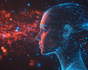 Poster - Abstract AIgenerated human profile with data streams and network nodes in blue and red, showcasing digital intelligence and technology