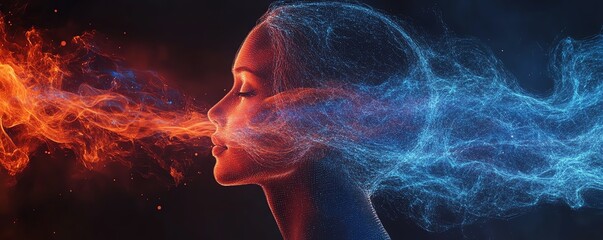 Fototapete - Abstract digital human profile with data streams and network nodes in blue and red, AI generative design, futuristic technology concept
