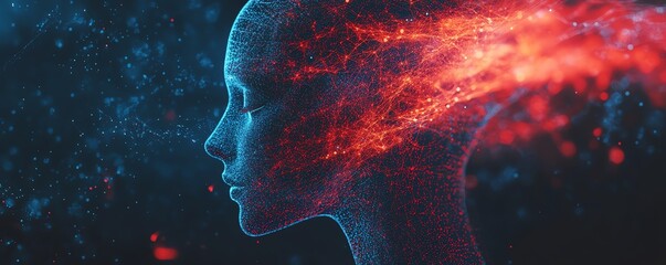 Fototapete - Abstract digital human profile with data streams and network nodes in blue and red, AI generative design, futuristic technology concept