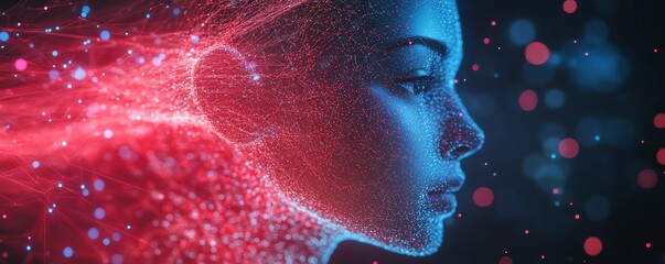 Fototapete - Abstract digital human profile with data streams and network nodes in blue and red, AI generative design, futuristic technology concept