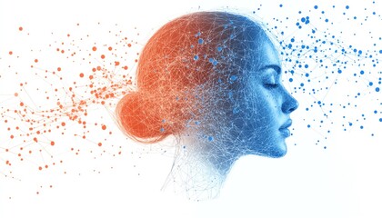 Aufkleber - Abstract human profile with blue and red data networks, network nodes, and connections, AI generative style, symbolizing artificial intelligence