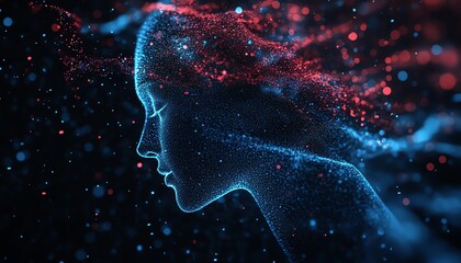 Leinwandbilder - AIgenerated digital human profile composed of blue and red data streams, dark background, showcasing artificial intelligence and neural networks