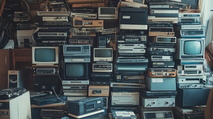 Poster - Stacks of obsolete electronic components like old desktop computers, CRT screens, and VHS players, representing technological progress.