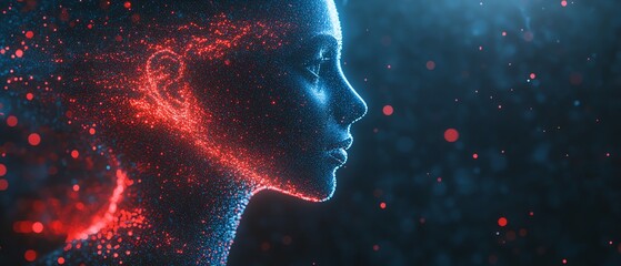 Leinwandbilder - Blue and red data streams creating a digital human profile on a dark background, AI generative design representing advanced technology