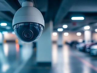 Poster - Advanced Surveillance Camera Observing Parking Area with Blue Fluorescent Light in Urban Setting : Generative AI