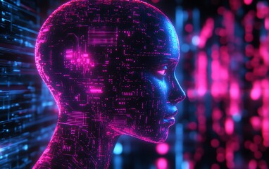 Aufkleber - Digital human head profile with circuit patterns and glowing elements on a tech background, representing artificial intelligence and advanced technology