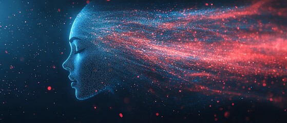 Aufkleber - Digital human profile composed of blue and red data streams on a dark background, AI generative concept, futuristic tech design