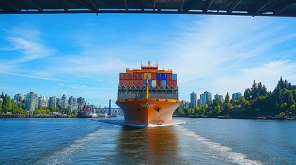 Aufkleber - Wide shot of a container ship passing under a bridge, with the backdrop of a busy port city and clear skies, symbolizing logistics and transport.