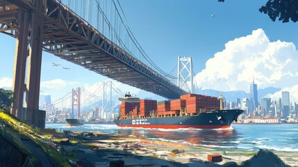Aufkleber - Wide shot of a container ship passing under a bridge, with the backdrop of a busy port city and clear skies, symbolizing logistics and transport.