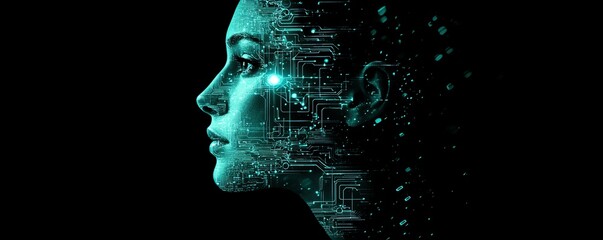 Leinwandbilder - Digital human profile with glowing circuit designs and luminous elements, tech background, representing futuristic AI and technology concepts