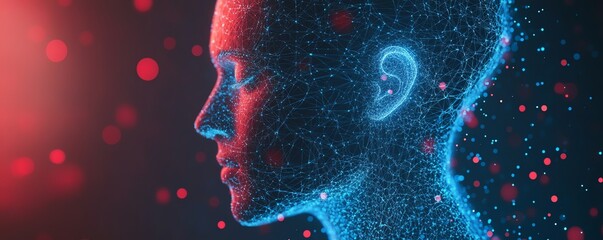 Aufkleber - Digital human profile formed with blue and red data connections and network nodes, abstract AI concept, representing artificial intelligence and data flow