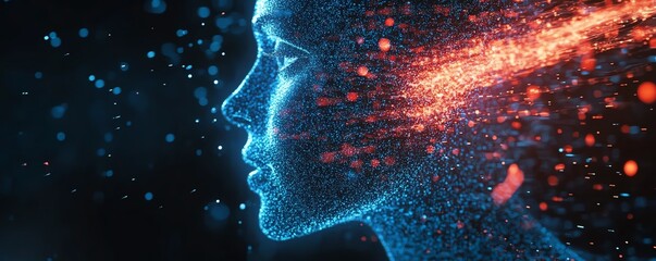 Leinwandbilder - Digital human profile with blue and red data streams, dark background, representing AI, machine learning, and digital intelligence
