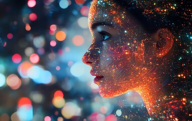 Leinwandbilder - Human head profile with intricate glowing circuit patterns on a tech background, showcasing advanced AI, digital innovation, and futuristic technology