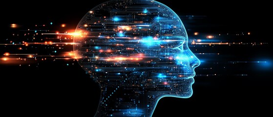 Leinwandbilder - Human head silhouette with glowing circuit patterns and tech elements on a hightech background, symbolizing digital intelligence and AI