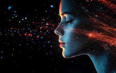 Leinwandbilder - Human profile with dynamic blue and red data streams and network nodes, AI generative concept, representing artificial intelligence and digital systems