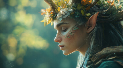 Poster - Beautiful elf with horns and floral crown, peacefully enjoying nature in a side view portrait with closed eyes