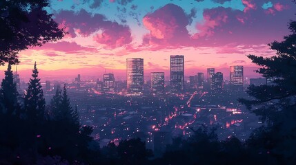 Poster - Majestic Urban Skyline at Dusk with Vibrant Colors and Cloud Patterns : Generative AI