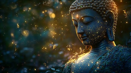 Poster - Serene Buddha Statue Amidst Magical Glowing Fireflies and Mystical Nighttime Garden : Generative AI