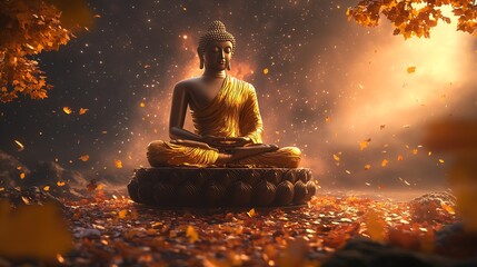 Aufkleber - Serene Buddha in Golden Sunset Amidst Autumn Leaves for Meditation : Generative AI