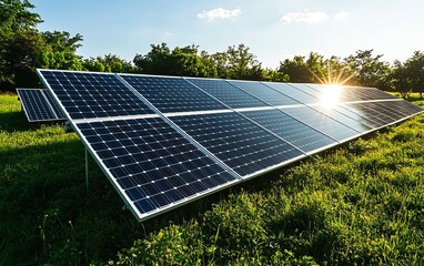 Leinwandbilder - Solar panels in a green field with sunlight reflecting off them