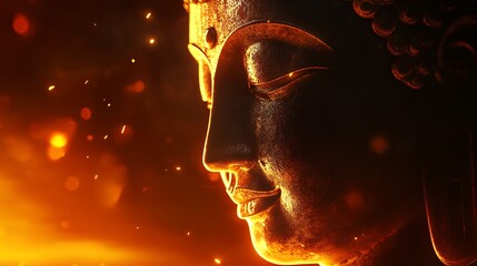 Poster - Peaceful Buddha Face Sculpture with Fiery Ember Ambiance and Meditative Glow : Generative AI