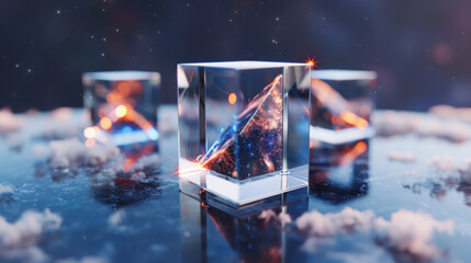 Poster - Exploring the depths of blockchain technology through abstract connected cubes in a digital landscape