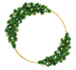 Wall Mural - Christmas wreath with glowing Christmas lights. Golden glitter ring. Christmas tree decoration. Holiday garland. Festive frame, realistic fir-tree branches. Transparent background in vector file.