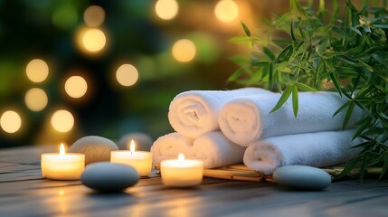 Poster - Serene spa environment featuring plush towels and ambient candlelight for relaxation : Generative AI
