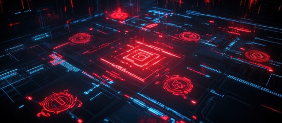 Poster - Futuristic digital interface with glowing red and blue elements, resembling a tech environment.