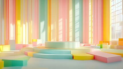 Poster - Minimalist Pastel Themed Room with Central Circular Platform and Bright Lighting : Generative AI